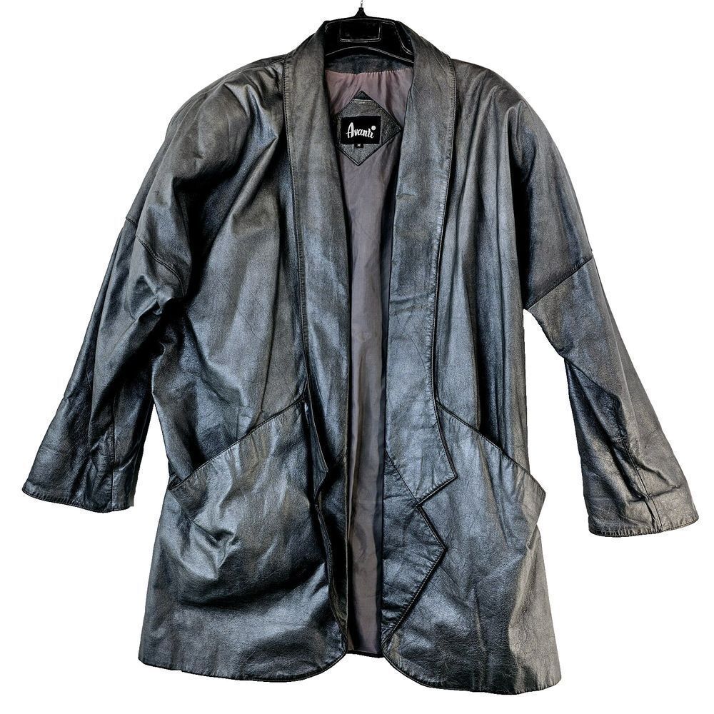 Vintage Avanti Gray Leather Coat Women's Medium Dolman Sleeves Shoulder Pads 80s